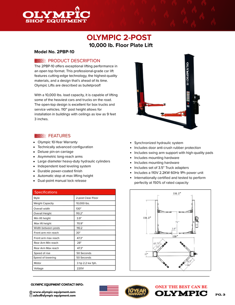 Olympic 2PBP-10 10,000 lb 2-Post Baseplate Car Lift – Asymmetric Arms