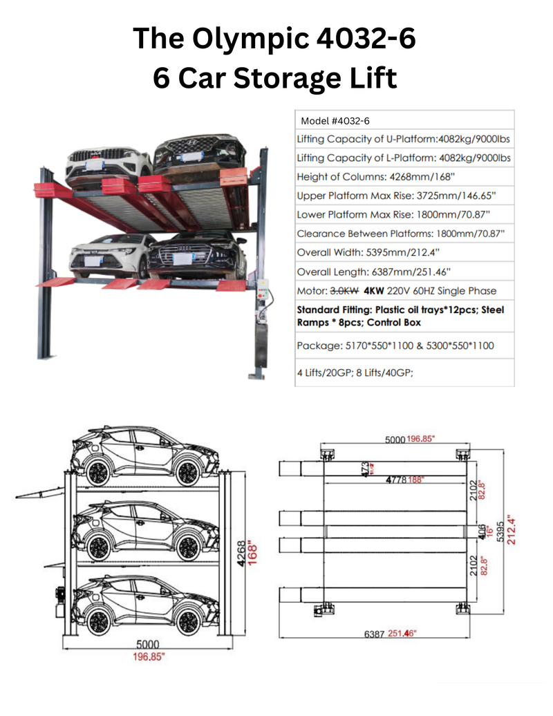 Olympic 4032-6 Six-Stacker 9,000 lb 4-Post Three-Level 6-Car Storage Lift