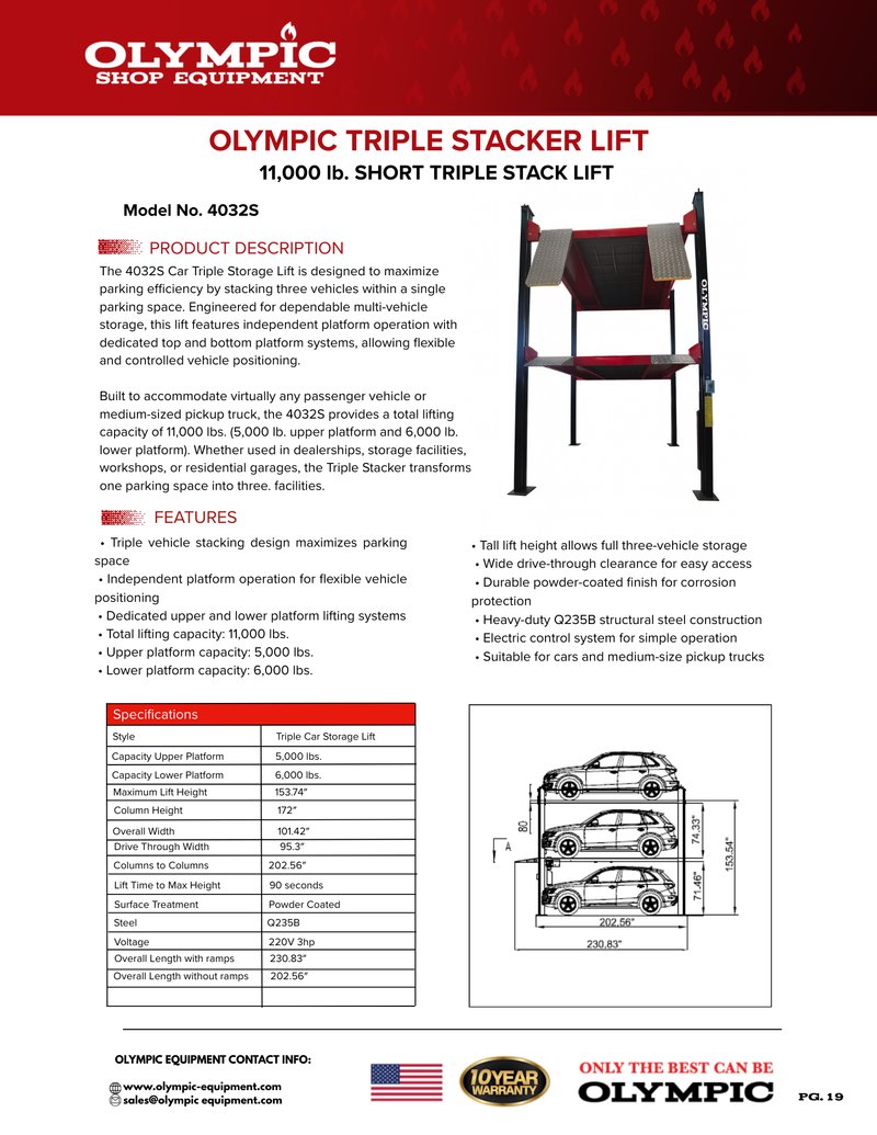 Olympic 4032-S Triple Stacker-S Three-Level 3-Car Storage Lift – 11,000 lb. Total Capacity