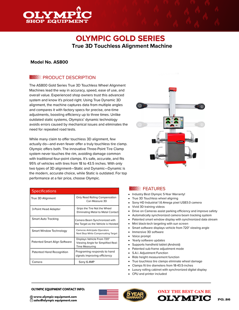 Olympic AS800 / The Olympic AS800 True 3D Touchless Alignment Machine / Rolling Cart with Screen / Touchless Wheel Clamp / Patented Smart Window / 5-Year Warranty / SHIPS FREE
