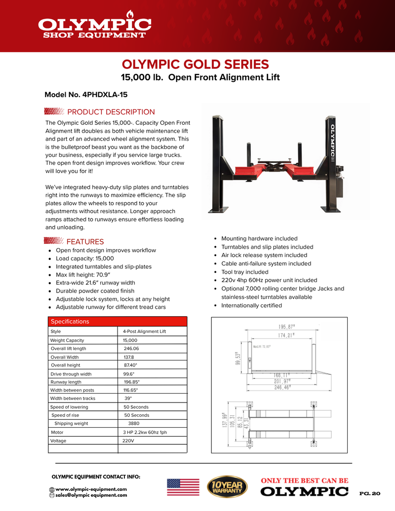 Model: Olympic 4PHDXLA-15 / Open Front Alignment Lift / 15,000-lb. Capacity Car & Truck Maintenance / Turntables / Slip Plates / 138″ W X 246″ L / 10-Year Warranty / SHIPS FREE!
