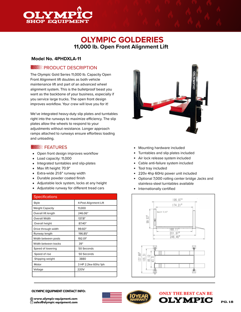 Olympic 4PHDXLA-11 11,000 lb Open Front 4-Post Alignment Lift