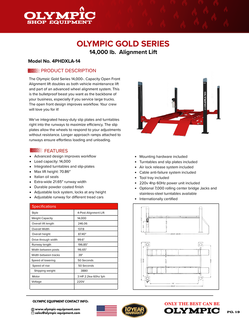 Model: Olympic 4PHDXLA-14 / Alignment Lift / 14,000-lb. Capacity Car & Truck Maintenance / Turntables / Slip Plates / 138″ W X 246″ L 10-Year Warranty / SHIPS FREE!