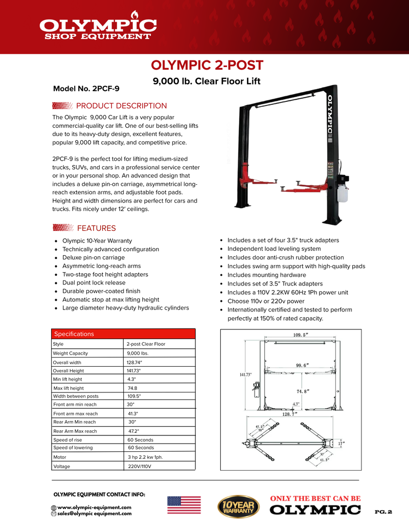 Olympic 2PCF-9 9,000 lb 2-Post Clear Floor Car Lift