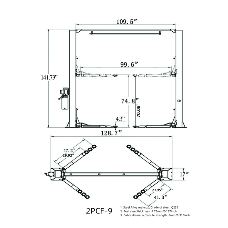 Olympic 2PCF-9 9,000 lb 2-Post Clear Floor Car Lift
