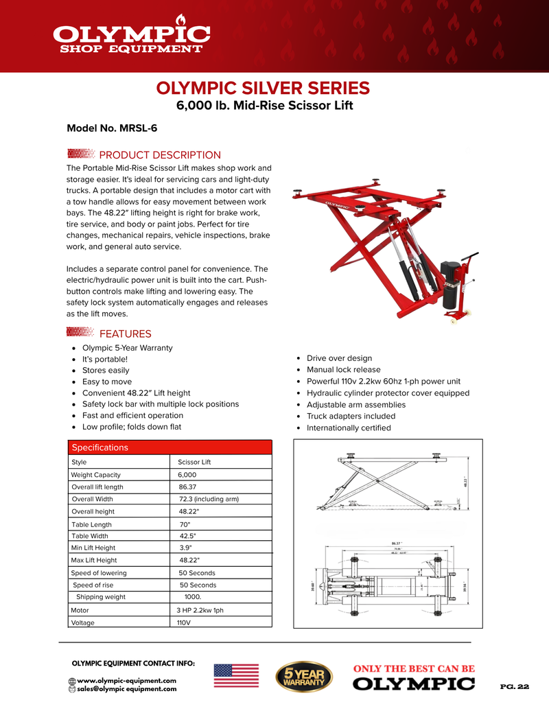 Olympic MRSL-6 6,000 lb Portable Mid-Rise Scissor Lift – 10-Year Warranty – Free Shipping