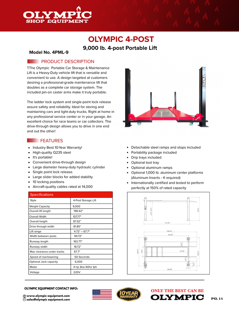 Olympic 4PML-9 9,000 lb Portable Car Storage & Maintenance Lift – 108″ W x 198″ L