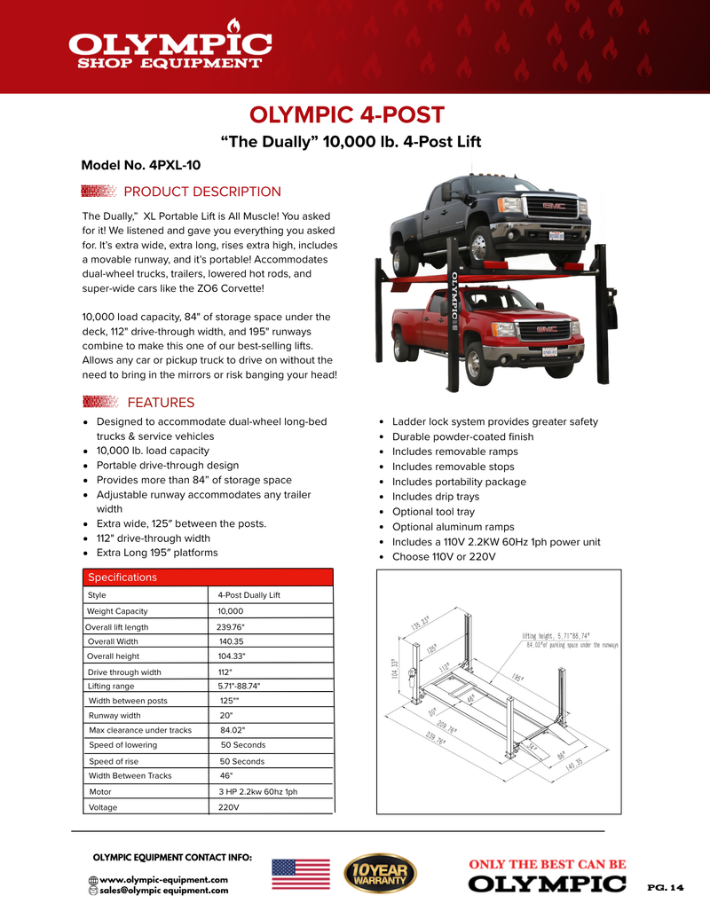 Olympic 4PXL-10 “The Dually” 10,000 lb Portable 4-Post Car & Truck Lift – Adjustable Width