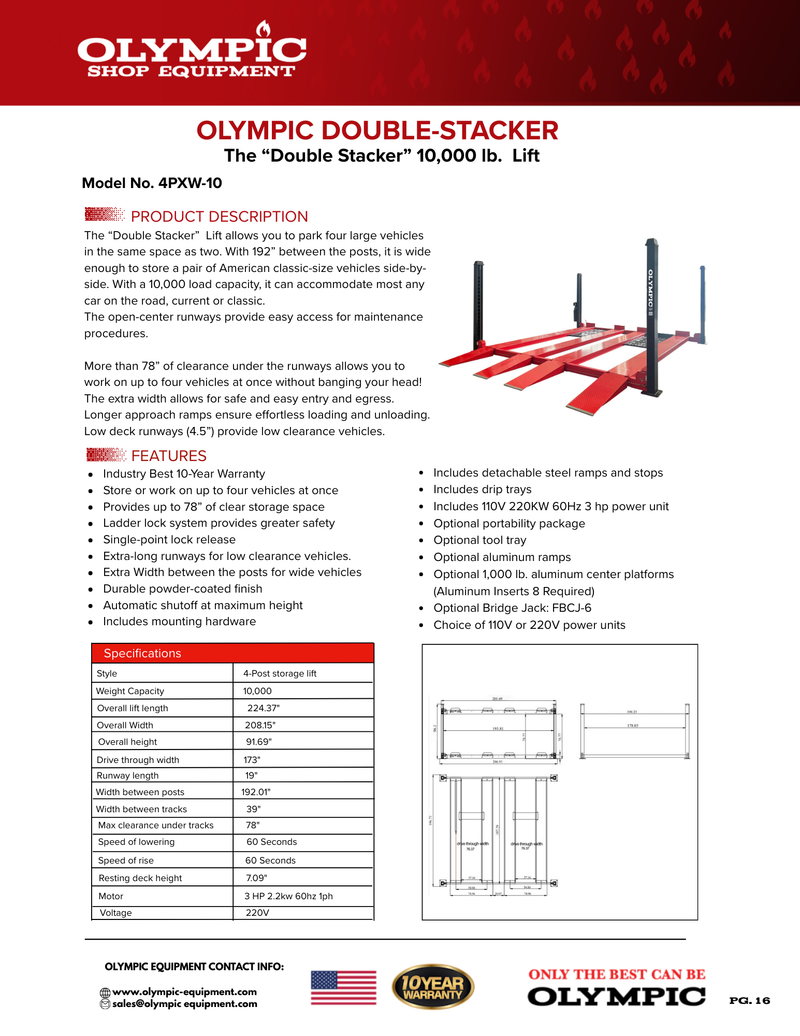 Olympic 4PXW-10 10,000 lb 4-Post Car Stacking Lift – 4-Vehicle Storage Lift with 78″ Clearance & 173″ Drive-Through Width