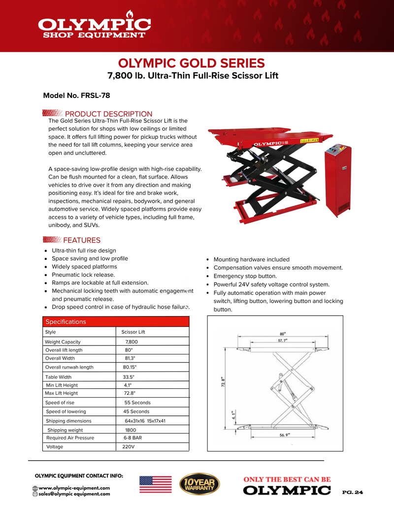 Olympic FRSL-78 7,800 lb Full-Rise Scissor Car Lift – 72.8" Lift Height, 220V, 3HP