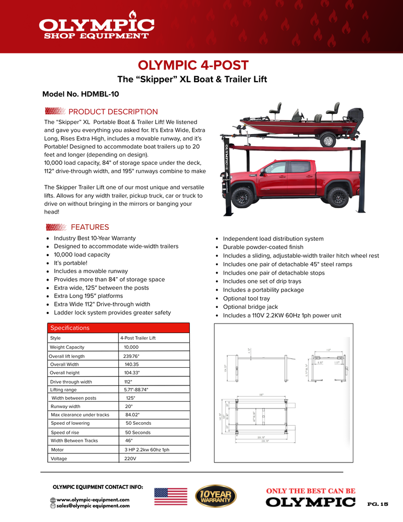 Olympic HDMBL-10 “The Skipper” 10,000 lb Portable Boat & Trailer Lift – Extra-Wide 4-Post Storage Lift with Adjustable Runway