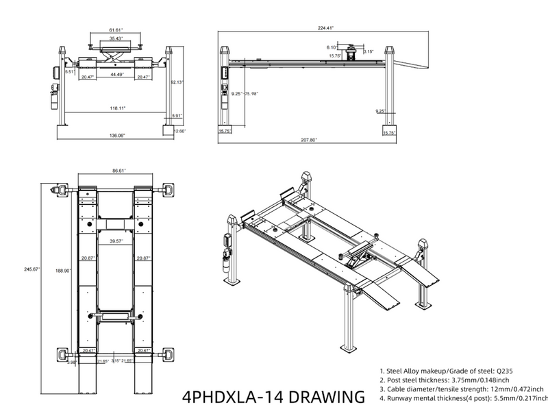 Model: Olympic 4PHDXLA-14 / Alignment Lift / 14,000-lb. Capacity Car & Truck Maintenance / Turntables / Slip Plates / 138″ W X 246″ L 10-Year Warranty / SHIPS FREE!