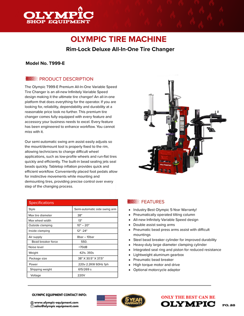 Olympic T-999E Deluxe Tire Changer with Dual Assist Arms – 5-Year Warranty – Free Shipping