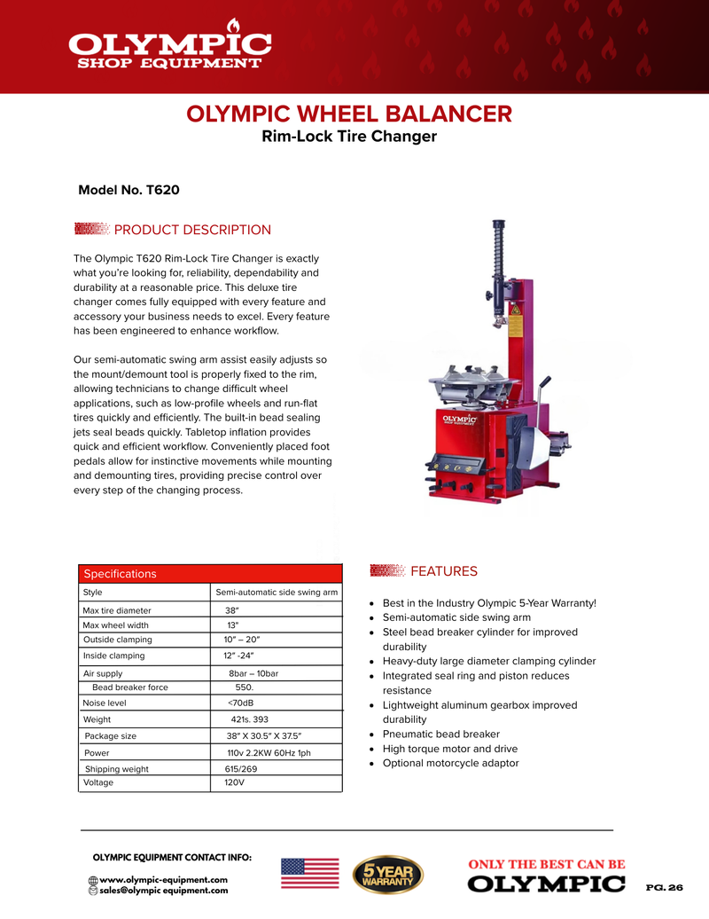 Olympic T620 Rim-Lock Tire Changer with Swing-Arm Assist – 5-Year Warranty – Free Shipping