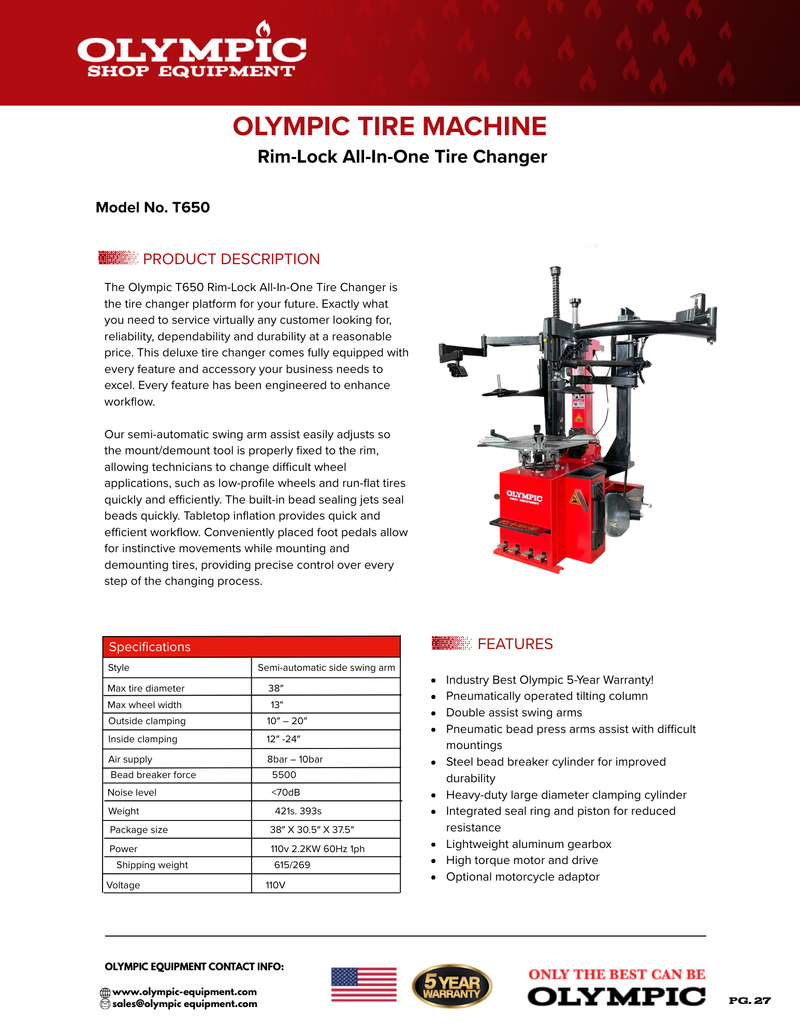 Olympic T650 All-in-One Tire Changer with Dual Assist Arms – 5-Year Warranty – Free Shipping