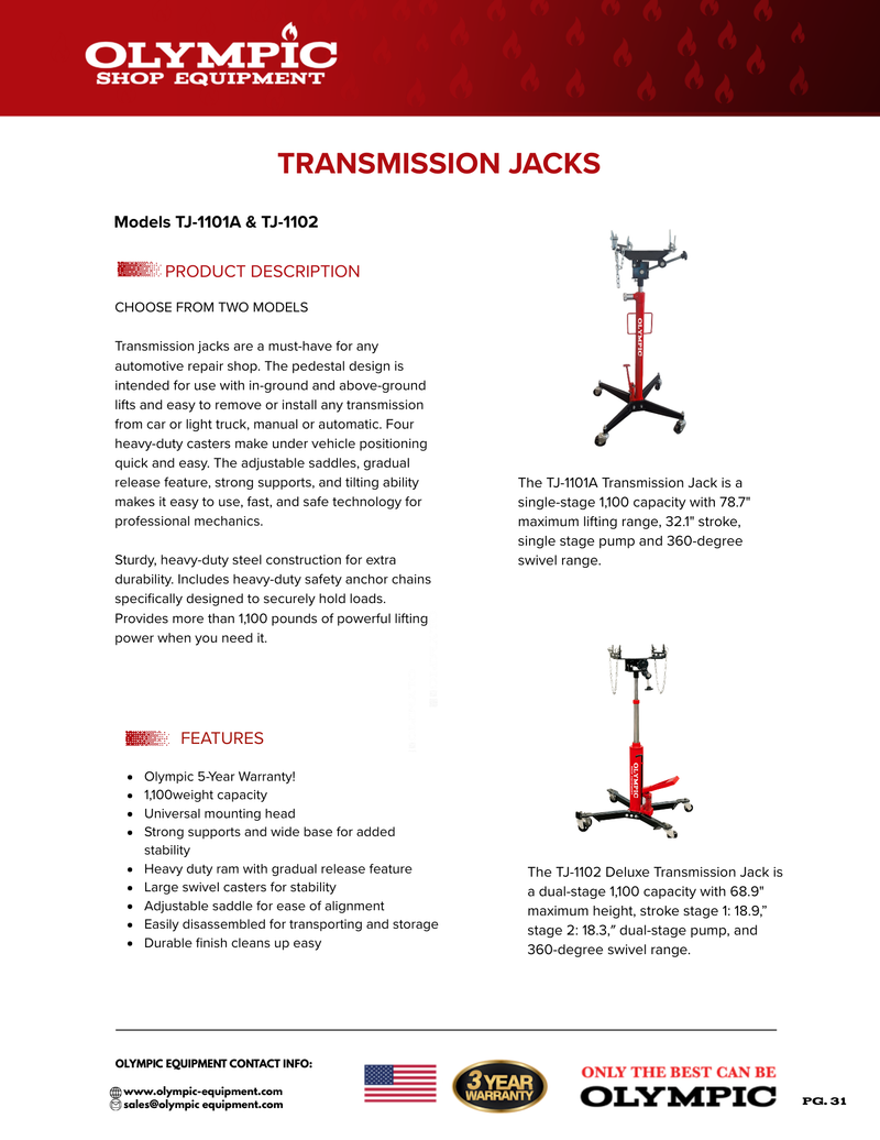 Olympic TJ-1101A 1,100 lb Single-Stage Transmission Jack