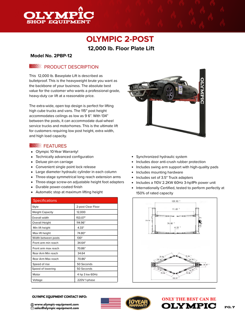 Olympic 2PBP-12 12,000 lb Heavy-Duty Base Plate 2-Post Vehicle Lift with 3-Stage Arms