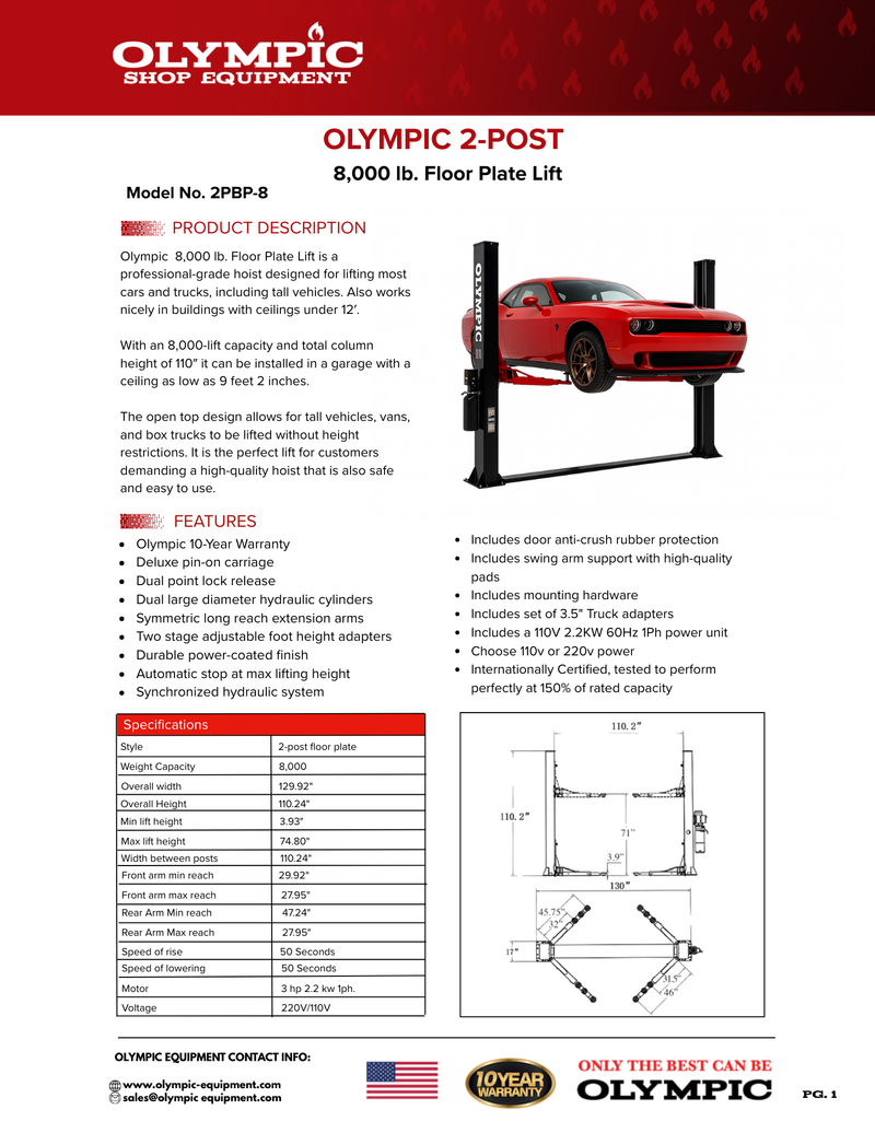 Olympic 2PBP-8 8,000 lb 2-Post Baseplate Car Lift