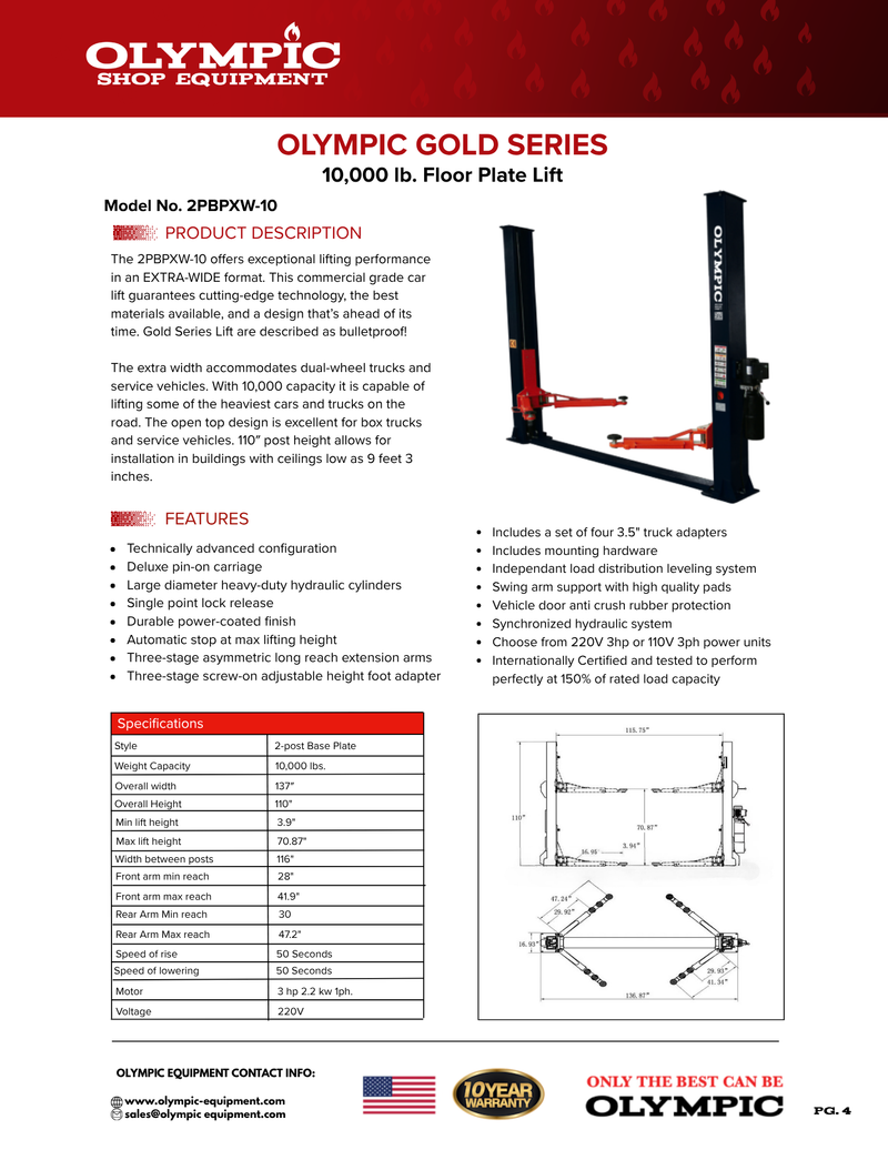 Olympic 2PBPXW-10 10,000 lb Extra-Wide 2-Post Baseplate Lift