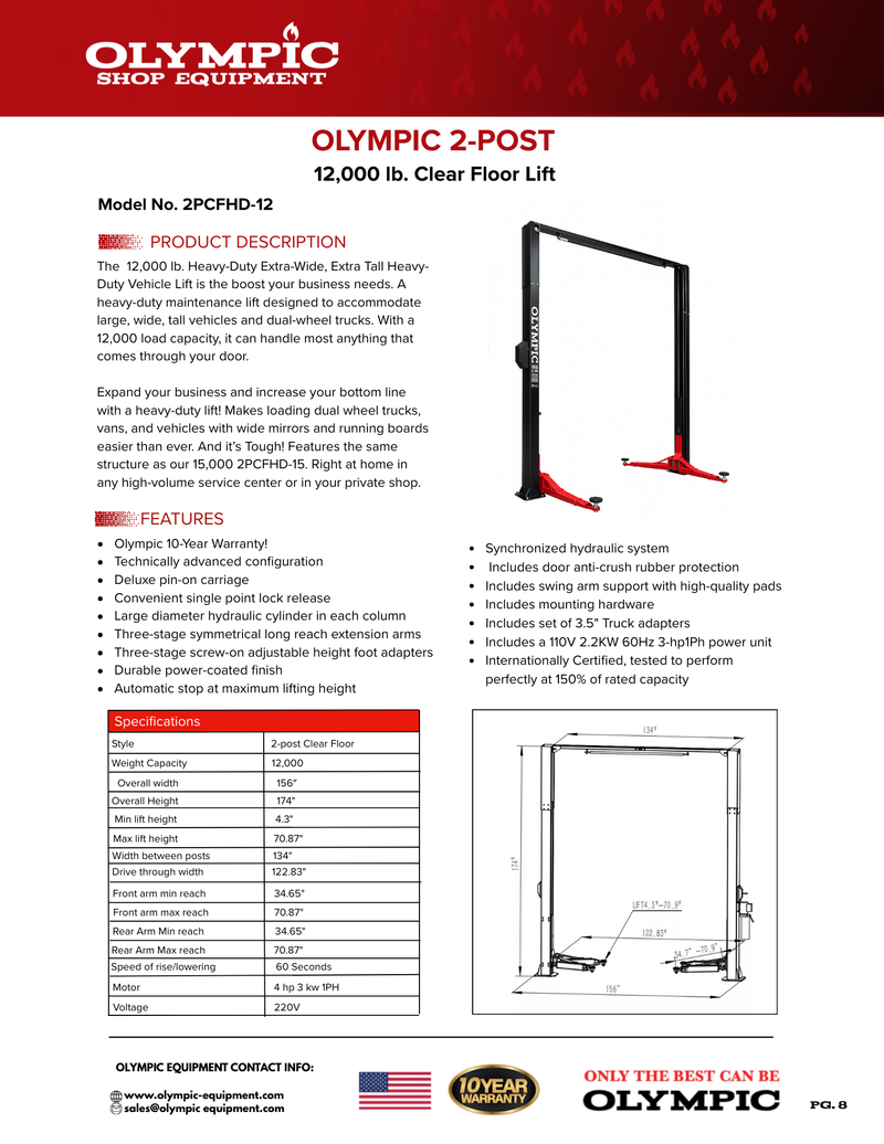 Olympic 2PCFHD-12 12,000 lb Heavy-Duty Extra-Wide Extra-Tall 2-Post Clear Floor Car Lift – 10-Year Warranty
