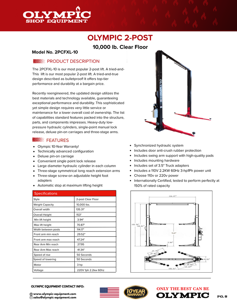 Olympic 2PCFXL-10 10,000 lb 2-Post Clear Floor Lift – 3-Stage Arms