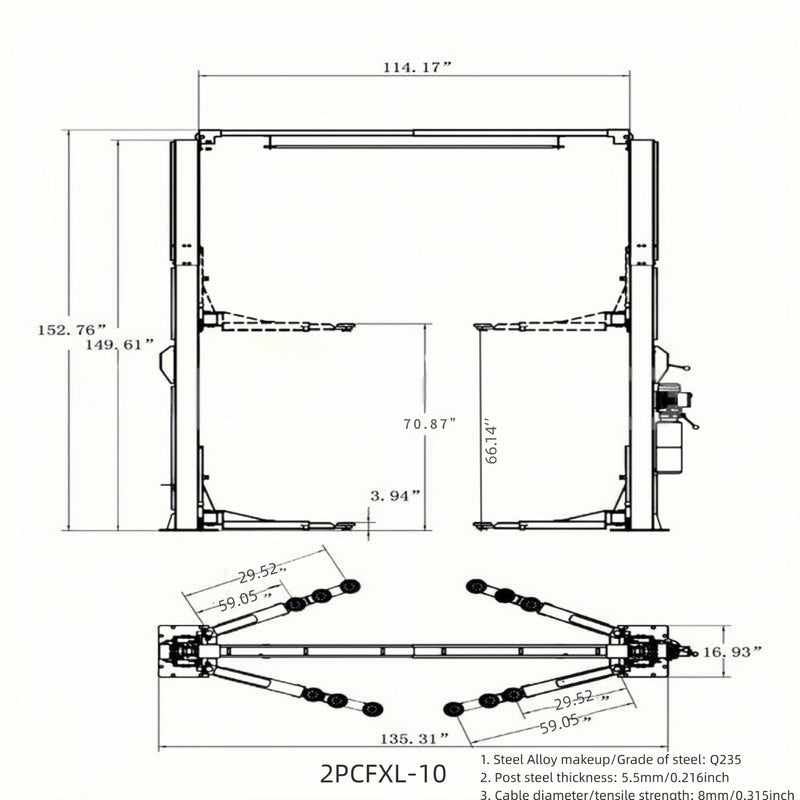 Olympic 2PCFXL-10 10,000 lb 2-Post Clear Floor Lift – 3-Stage Arms
