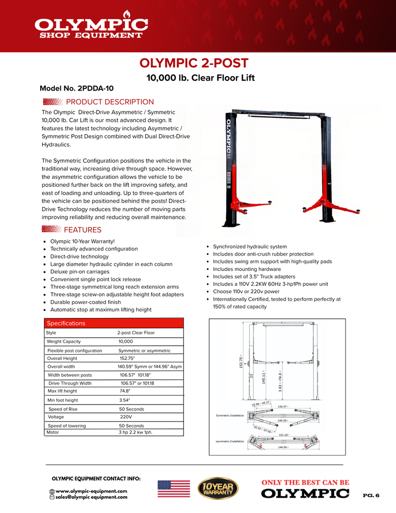 Olympic 2PDDA-10 10,000 lb Direct-Drive 2-Post Symmetric/Asymmetric Vehicle Lift