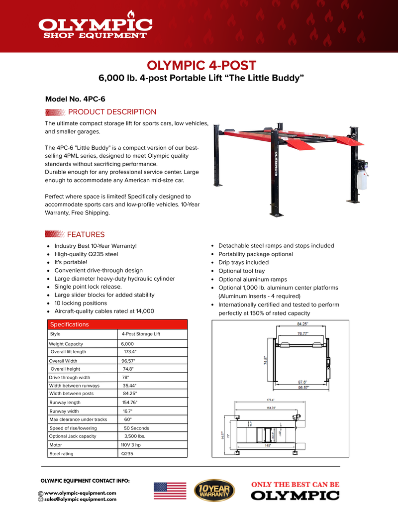 Olympic 4PC-6 Little Buddy 6,000 lb Compact Portable 4-Post Car Storage & Maintenance Lift – Low-Profile Vehicle Lift – 10-Year Warranty – Free Shipping