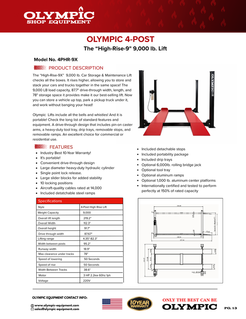 Olympic 4PHR-9X 9,000 lb High-Rise Portable 4-Post Car Storage Lift – Extra Wide & Long