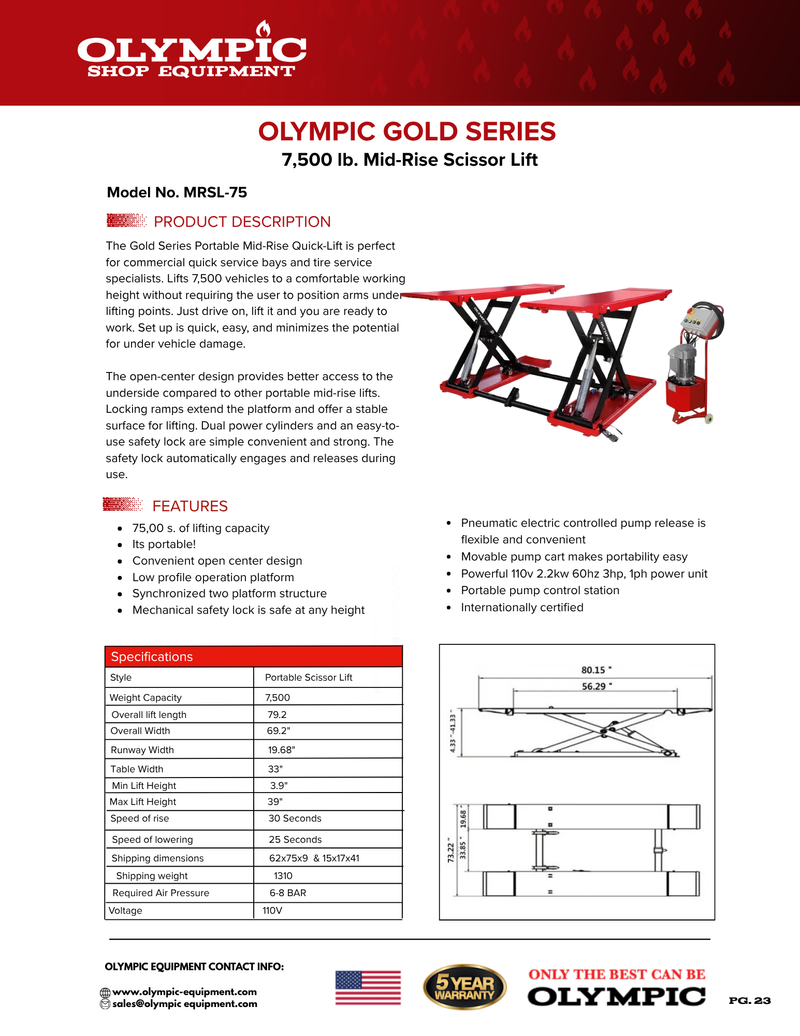 Olympic MRSL-75 7,500 lb Portable Mid-Rise Scissor Car Lift – 39" Lift Height, 110V, 3HP