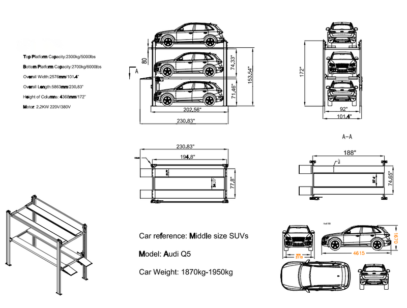 Olympic 4032-S Triple Stacker-S Three-Level 3-Car Storage Lift – 11,000 lb. Total Capacity